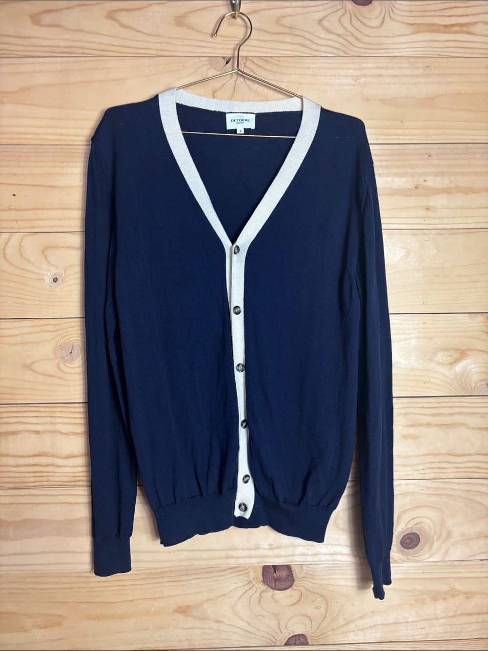 Octobre Editions navy and cream wool cardigan L